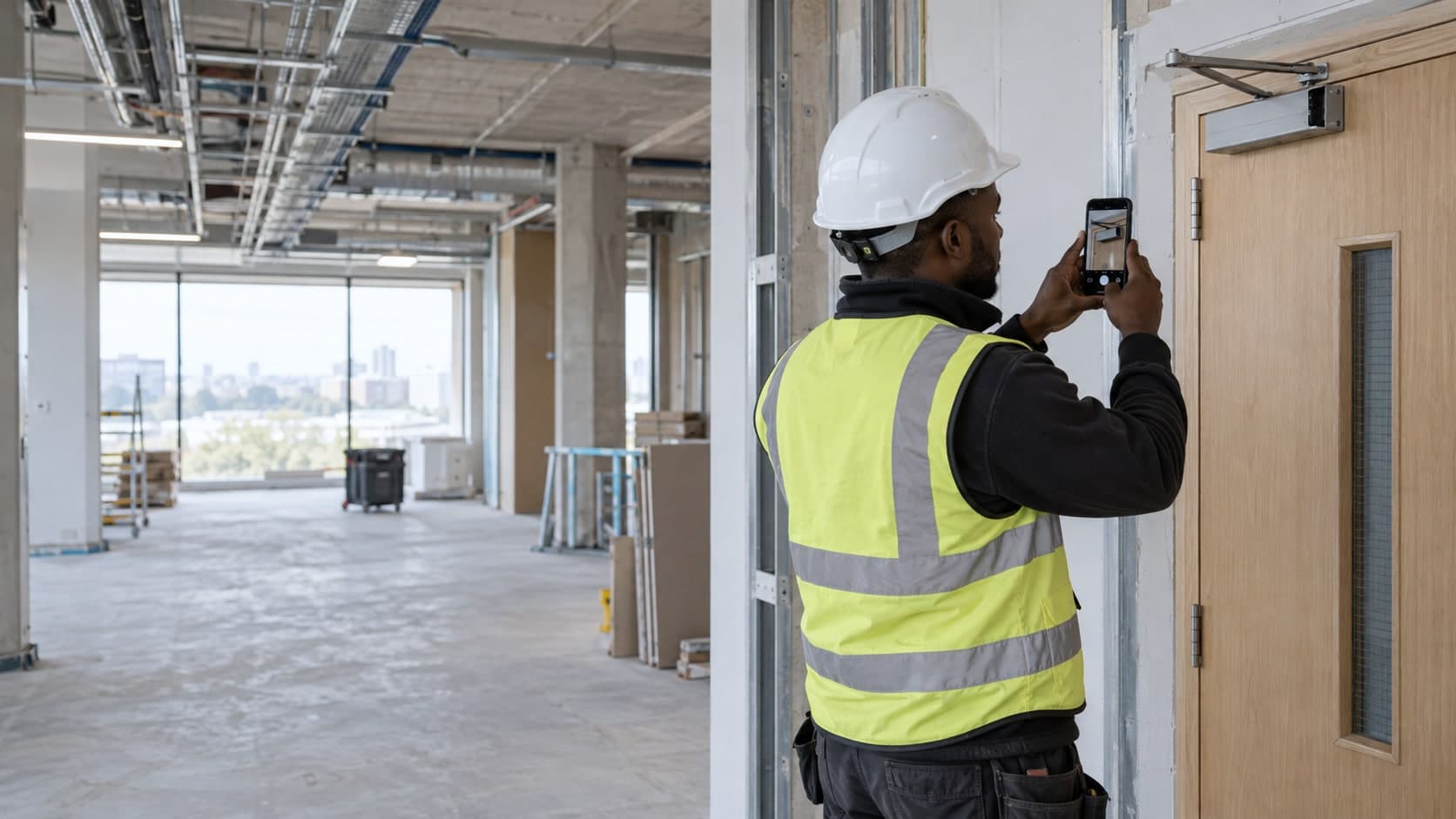 Site manager photographing a fire-door defect on a construction site.