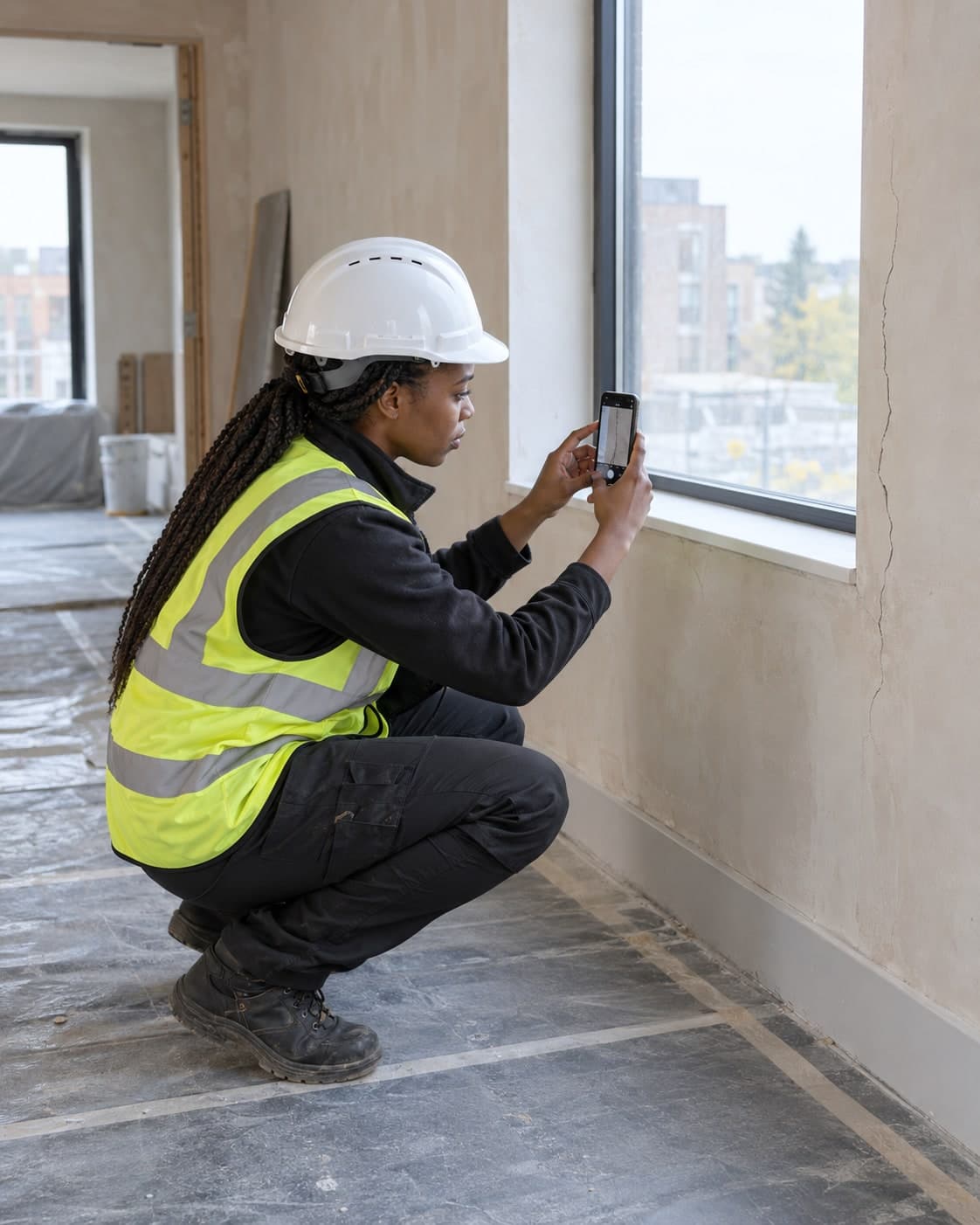 Building inspector photographing a crack beside a window.