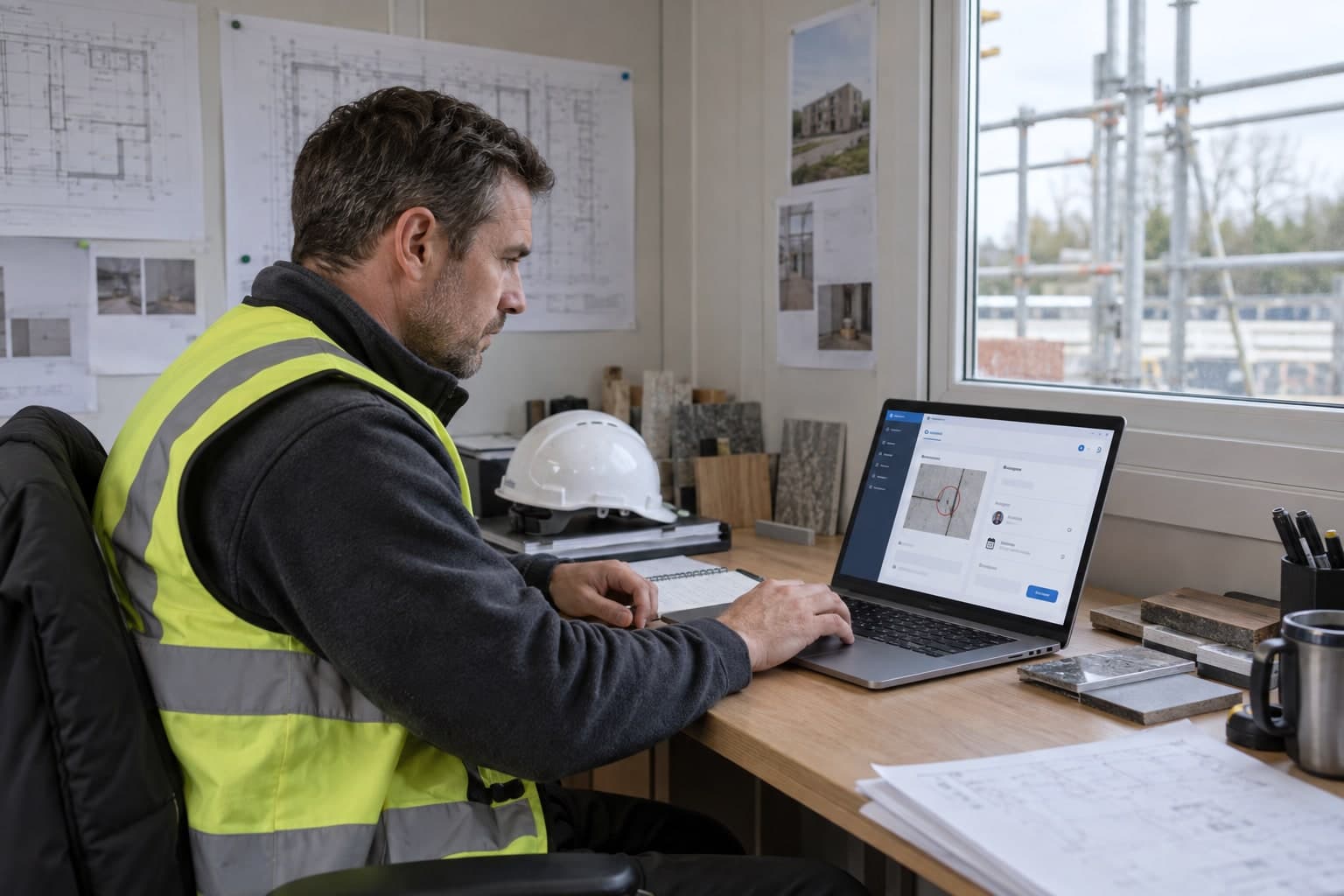 Project manager assigning a construction defect from a site-office laptop.