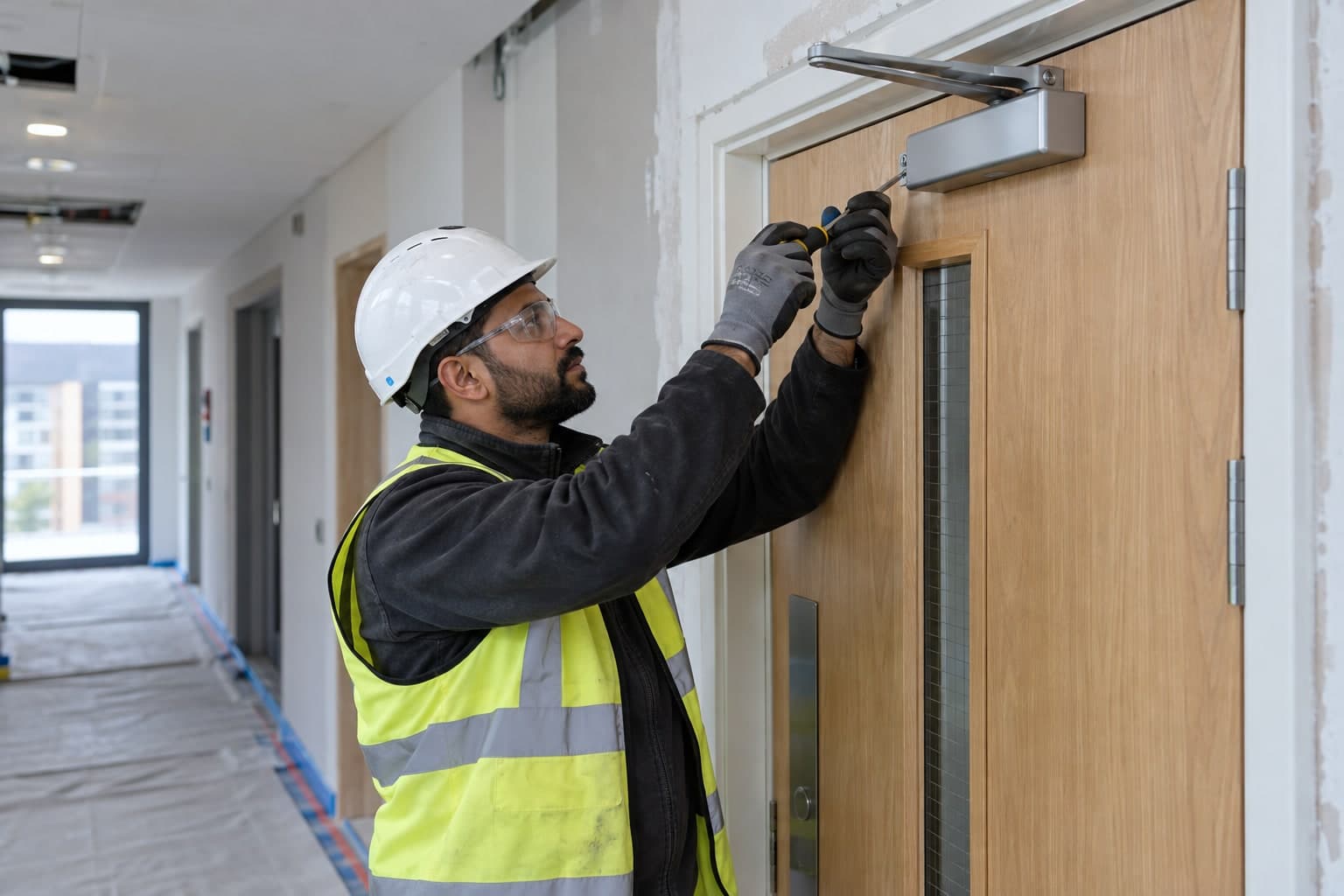 Door technician adjusting a fire-door closer during corrective work.