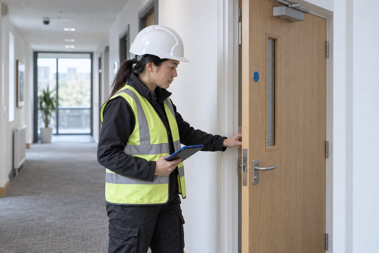 Quality inspector checking a repaired fire door before approval.