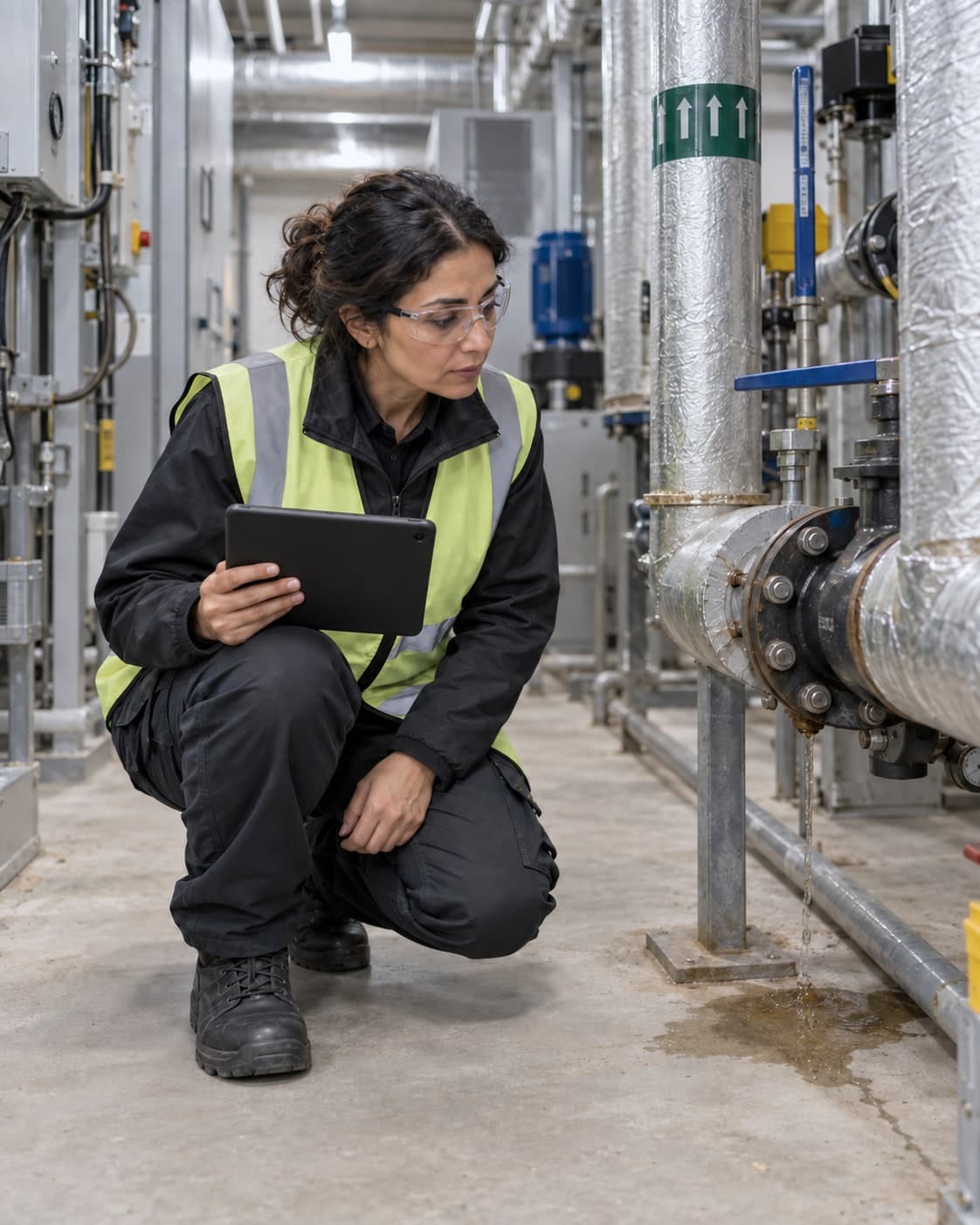 Facilities manager inspecting a leaking pipe joint in a plant room.