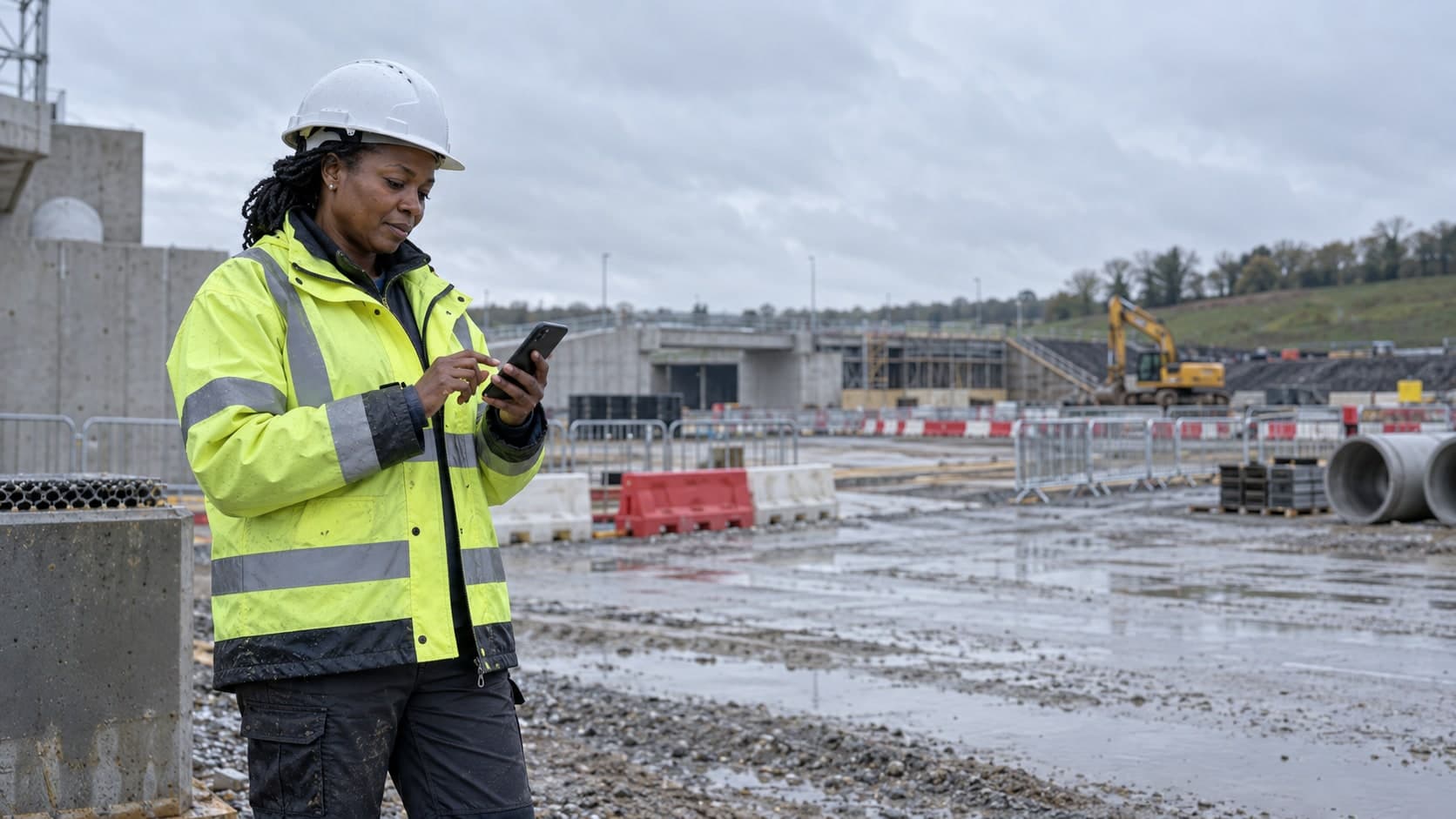 Site engineer saving a defect update on a wet outdoor construction site.
